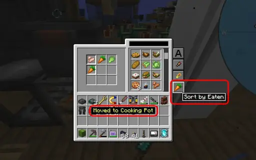 A screenshot of the cooking for blockhead's cooking table, with the options 'Sort by Eaten' and the text 'Moved to Cooking Pot' highlighted